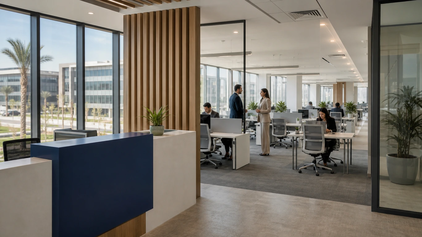 Office rent Cairo: a modern Grade A office interior in a New Cairo business park, daylight through floor-to-ceiling windows, ERA navy signage visible on a reception desk