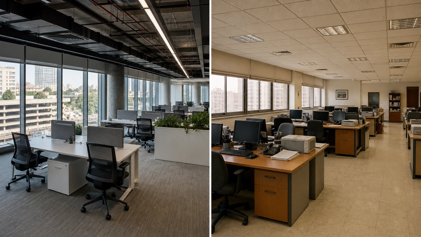 Office rent Cairo, Grade A vs Grade B: a side-by-side comparison of a modern office floor and an older office floor in Cairo