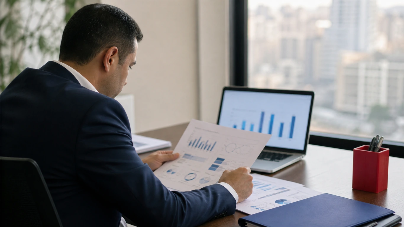 Office rent Cairo benchmark: an ERA Real Estate Egypt research analyst reviewing a Cairo commercial cost benchmark on a laptop in a Cairo office setting