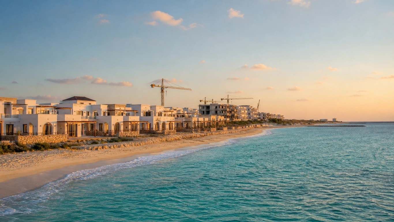Chalet for sale North Coast Egypt coastal development at golden hour outside peak season