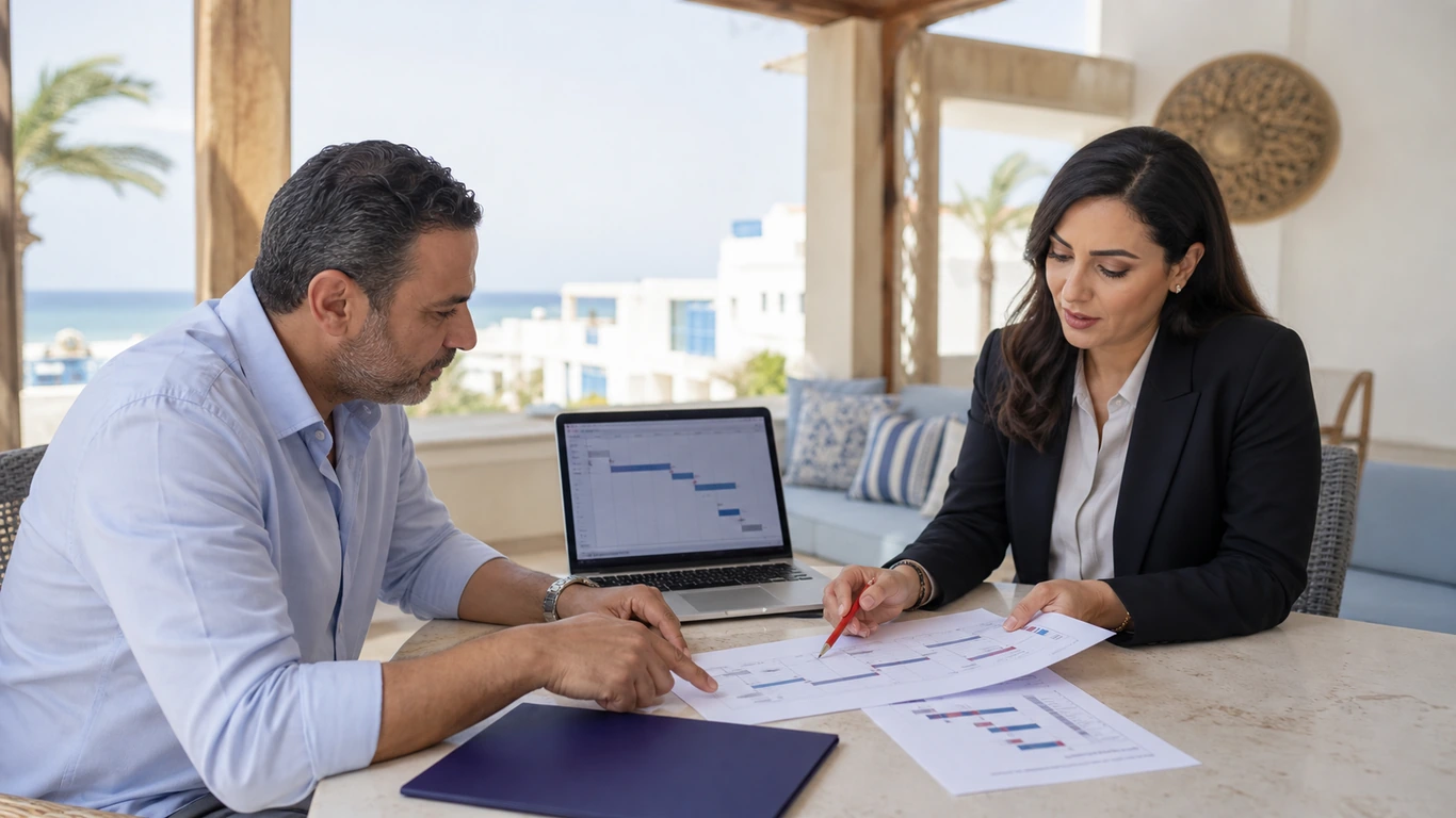 Egyptian diaspora buyer reviewing North Coast project timelines and payment plans with an ERA Real Estate Egypt advisor