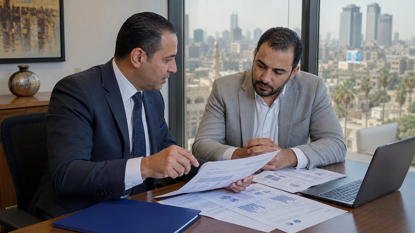 مستشار عقاري في القاهرة يراجع مستندات دراسة جدوى ونموذجاً مالياً مع مستثمر