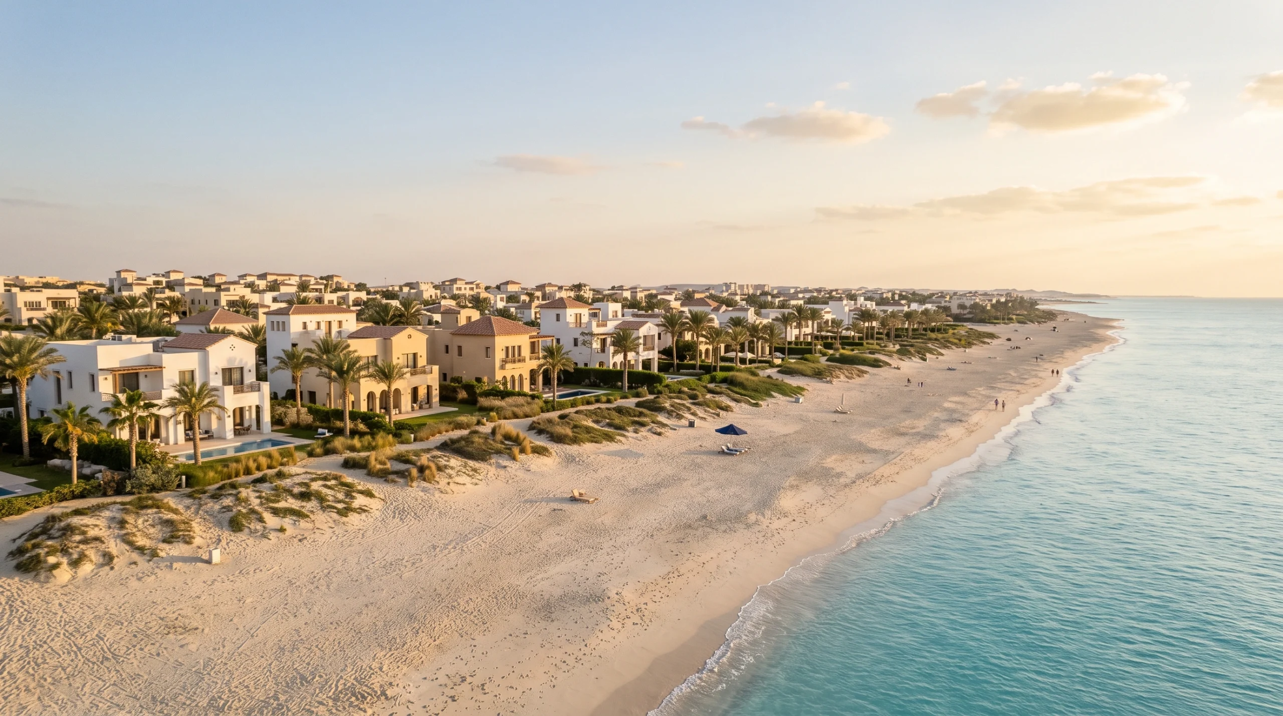 Aerial view of a North Coast Egypt Mediterranean beach development with whitewashed villas and turquoise water, representing Marassi, Hacienda Bay and Silversands
