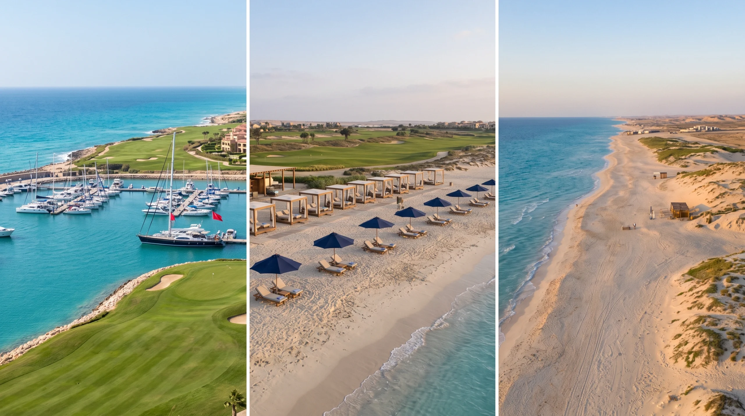 Side-by-side coastal development photography representing the comparison between Marassi, Hacienda Bay and Silversands on Egypt's North Coast