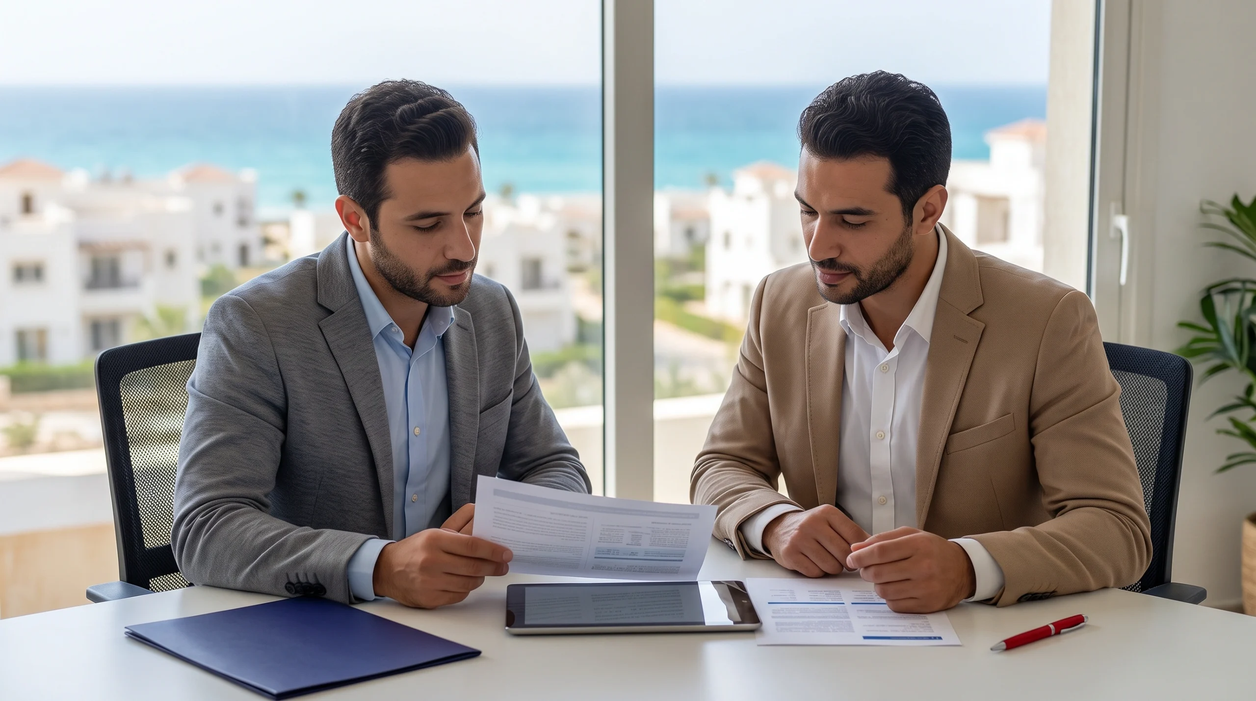 Buyer reviewing North Coast Egypt property documents with a coastal development in the background, representing ERA Real Estate Egypt's independent buyer advisory