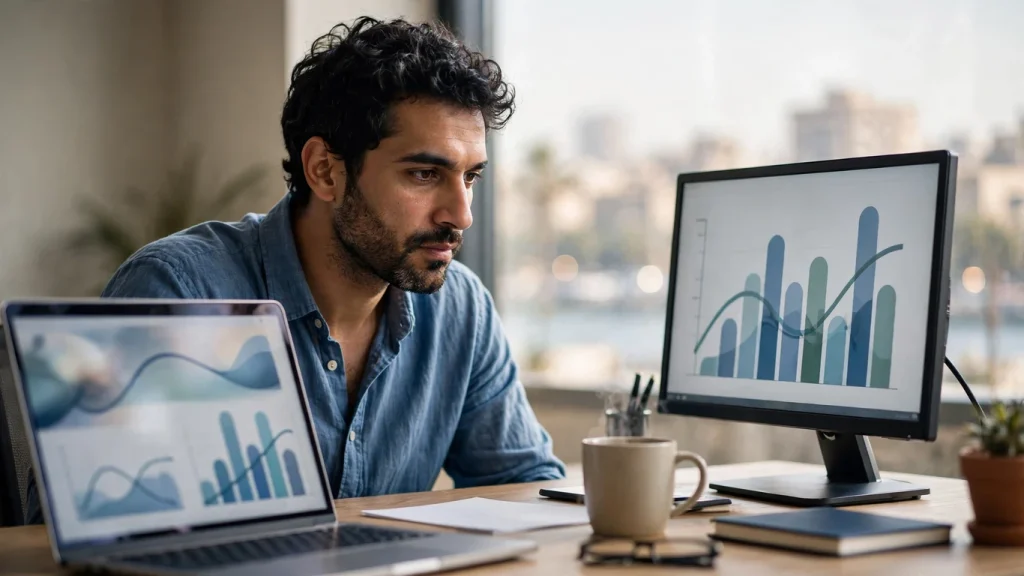 Real estate market research Egypt analyst reviewing demand mapping and search-visibility data for a development