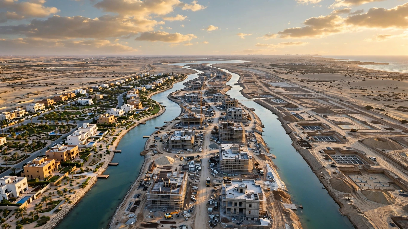 North Coast Egypt before next summer: aerial view of a coastal development showing zones at different construction stages, representing phased wave-based unit releases