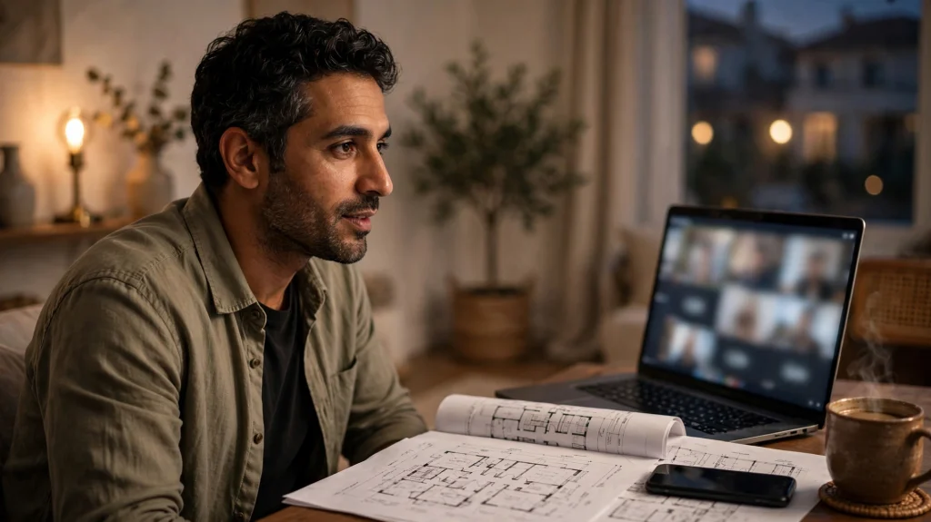 Egyptian diaspora buyer reviewing North Coast Egypt property documents on a laptop and phone during a video call