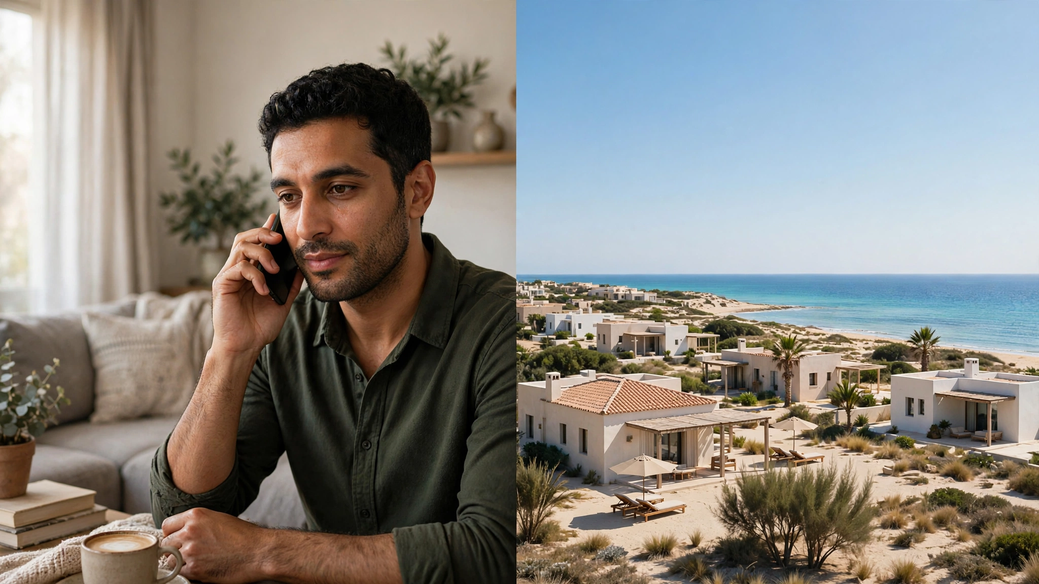 Split image of a buyer on a video call abroad and a North Coast Egypt development, representing remote property purchase communication