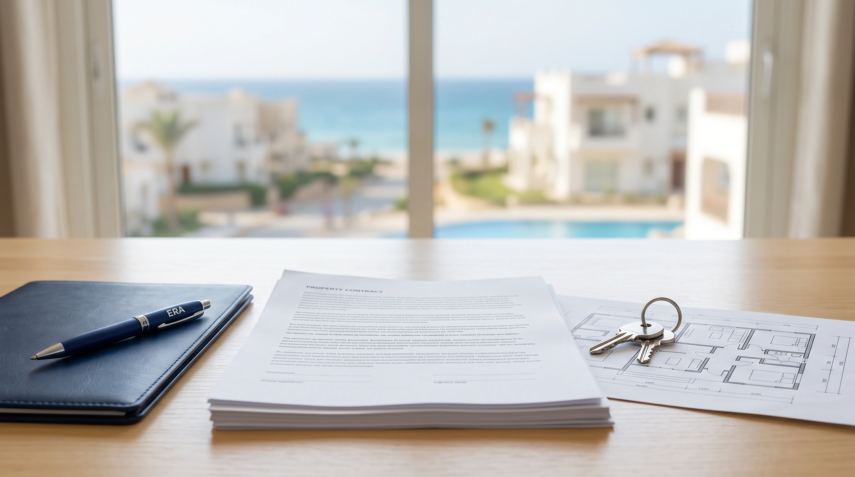 Reservation, contract and registration documents laid out for a North Coast Egypt property purchase