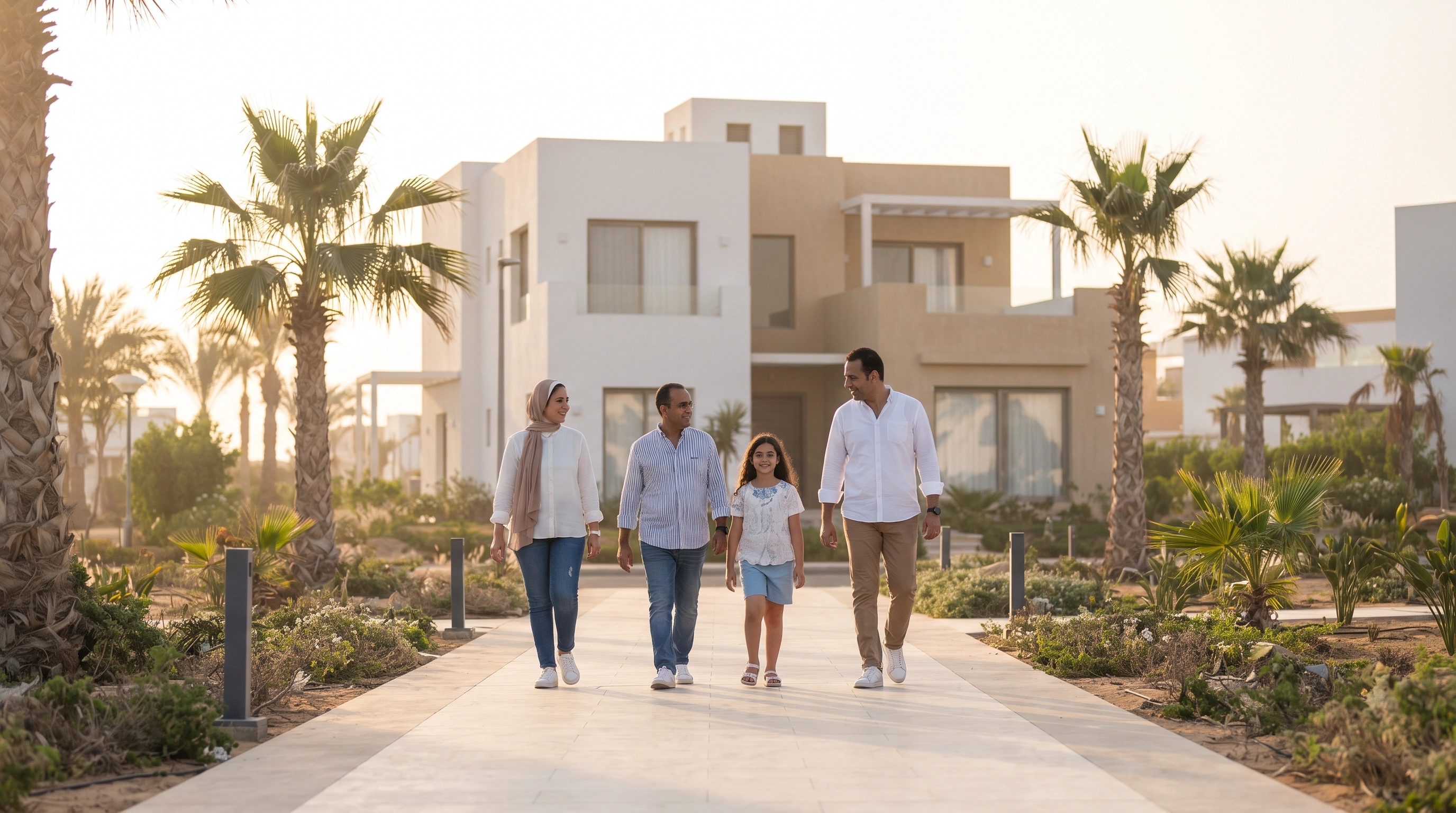 Egyptian family walking toward a North Coast Egypt second home at golden hour