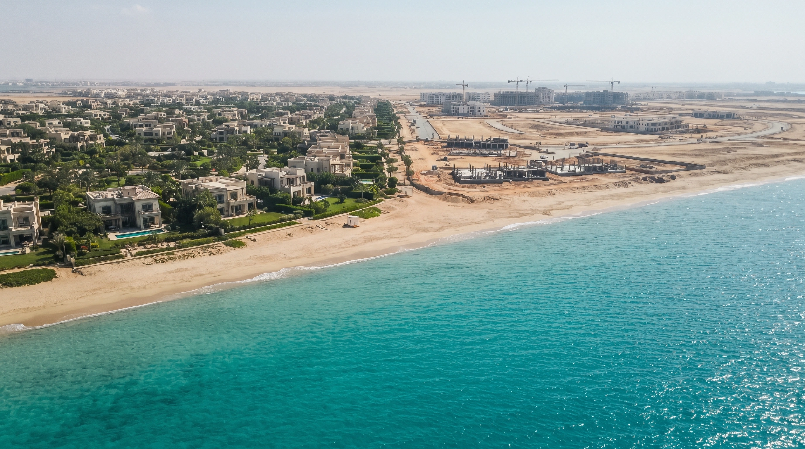 Aerial view comparing an established North Coast Egypt development with a newer Ras El Hekma masterplan phase