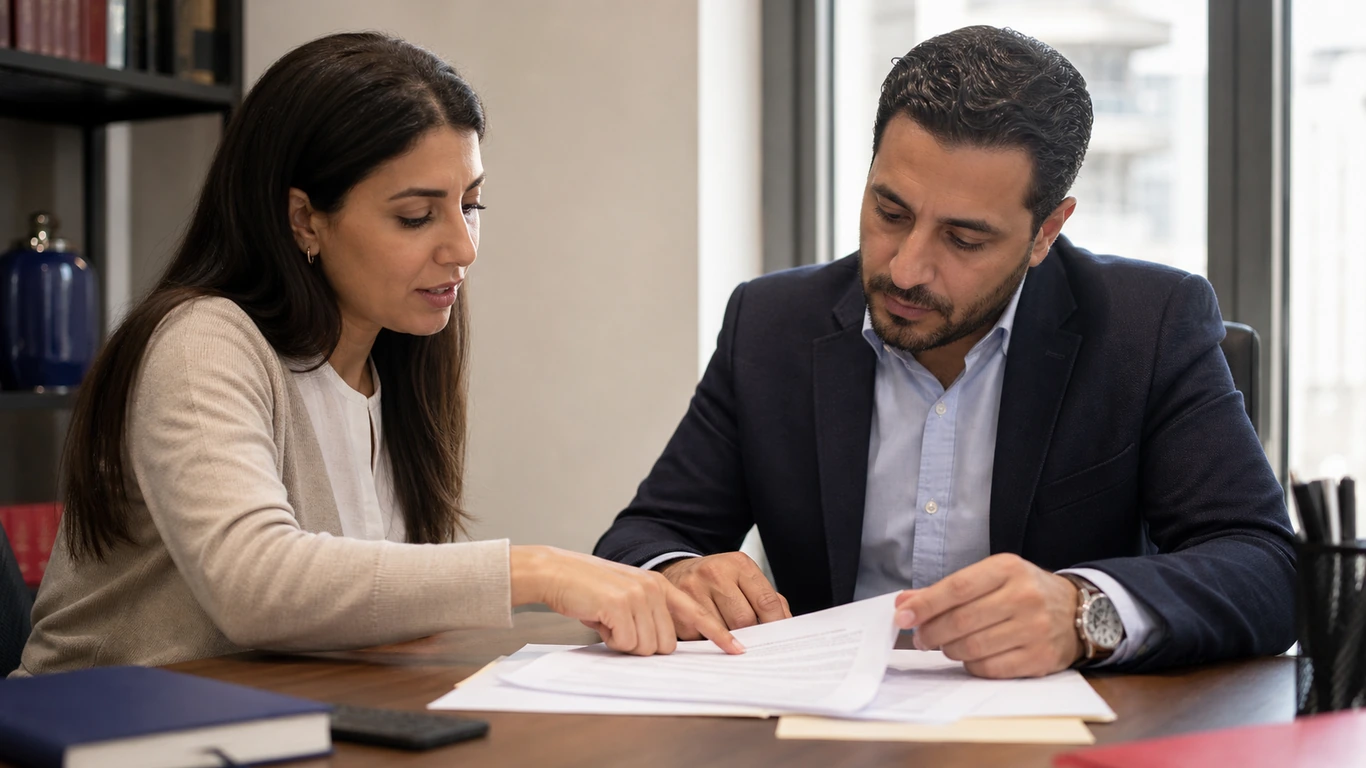 Buyer and ERA Real Estate Egypt advisor reviewing a translated, notarized Ras El Hekma purchase contract