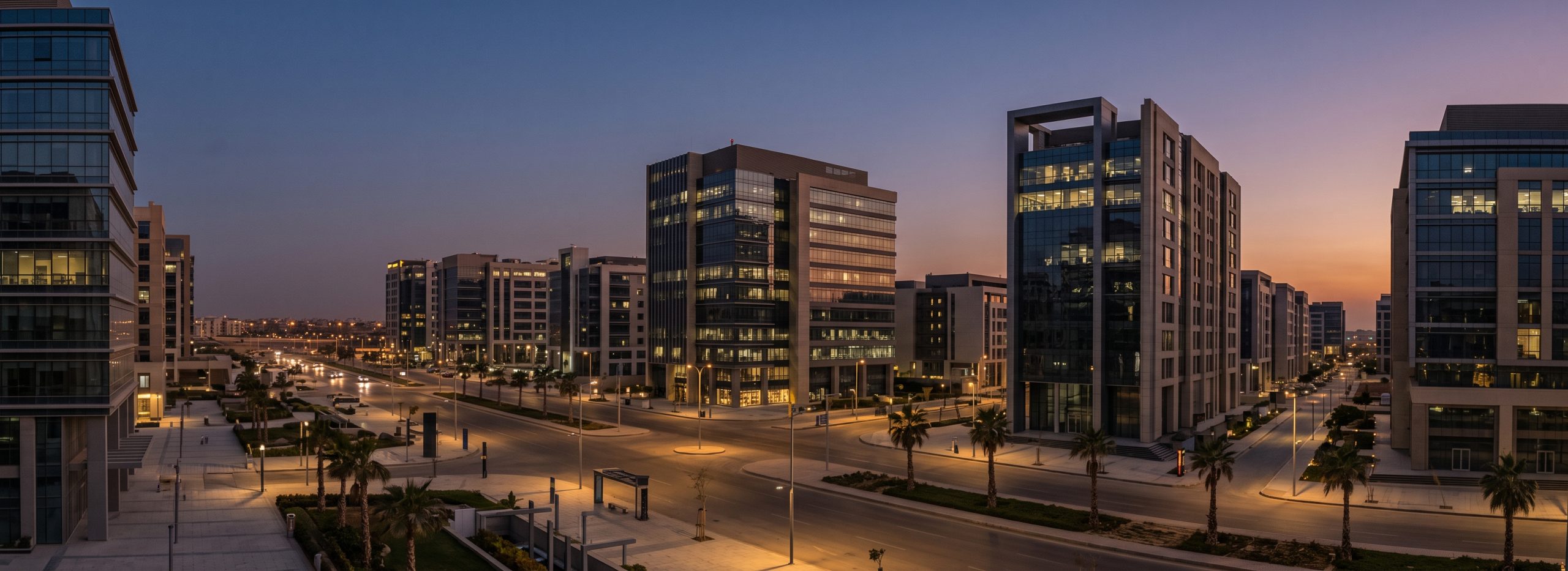 New Cairo business district skyline at dusk, modern Grade A office towers, authentic Cairo commercial context